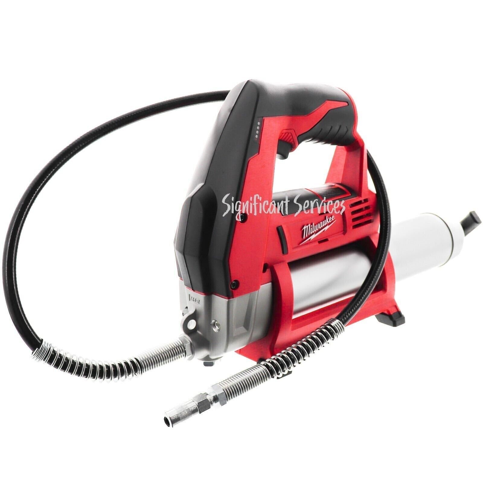 Milwaukee grease gun front view showing compact design and quick access benefits
