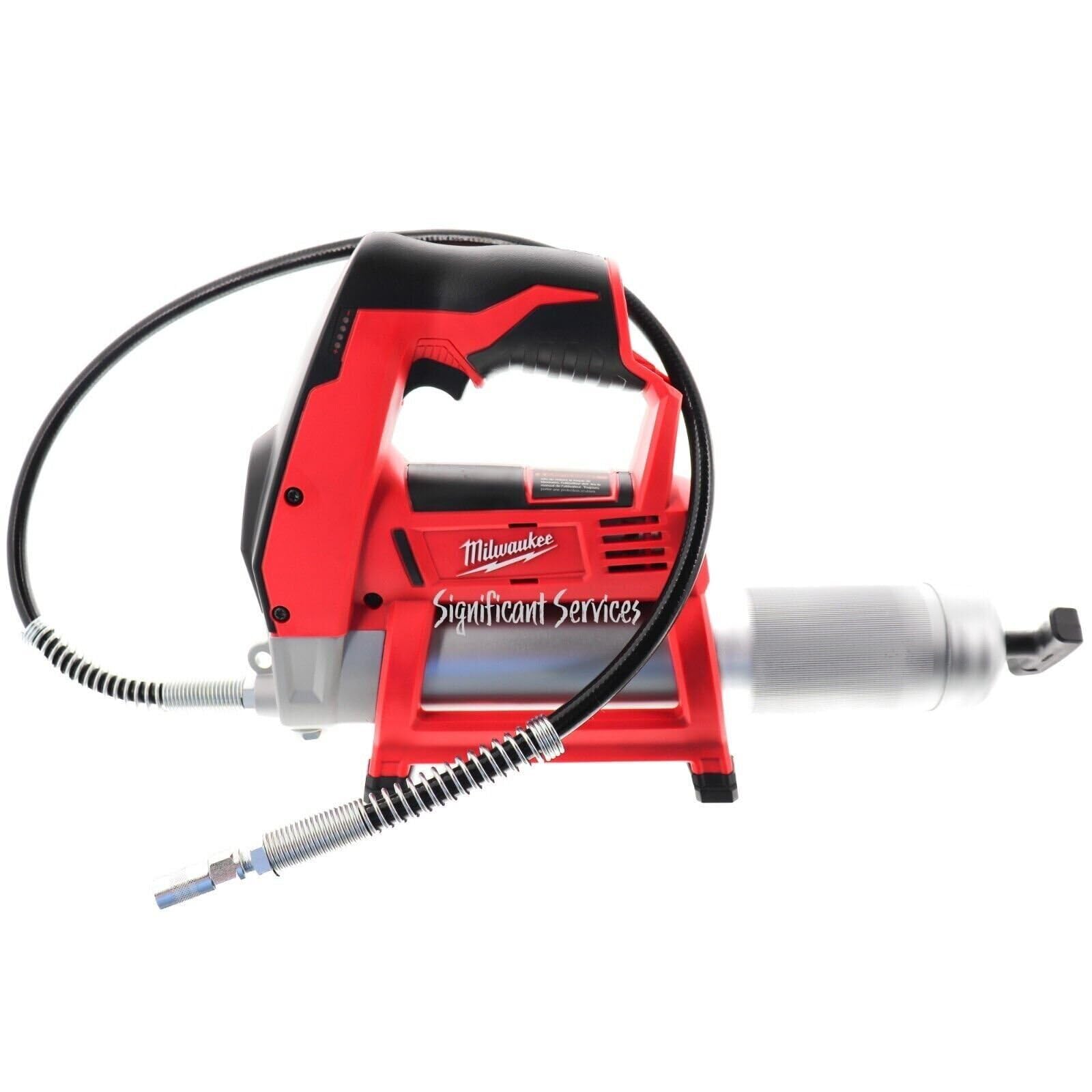 Milwaukee grease gun label and LED fuel gauge highlighting control and monitoring