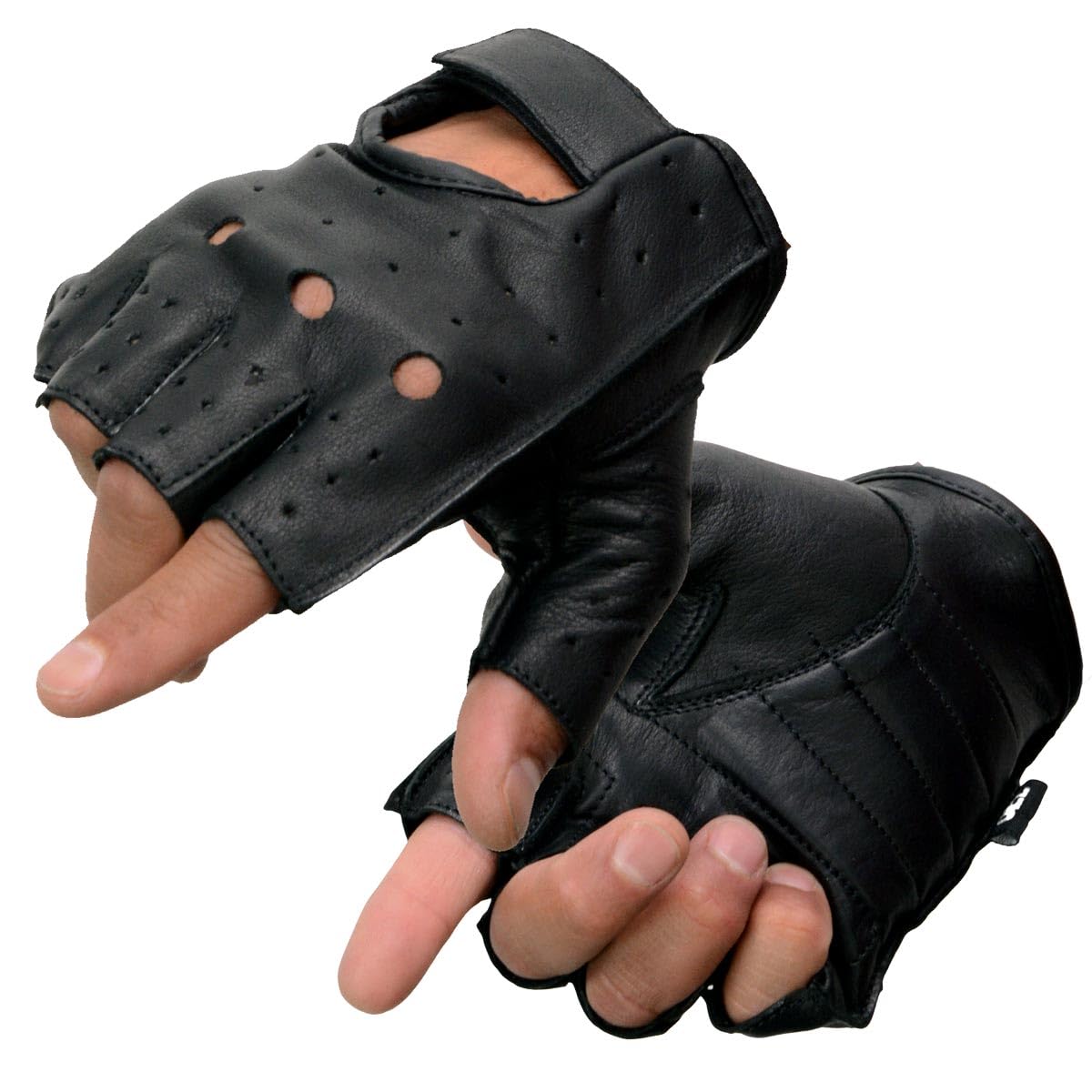 Milwaukee Leather front view of gloves showing black cowhide and fingerless design for comfortable control