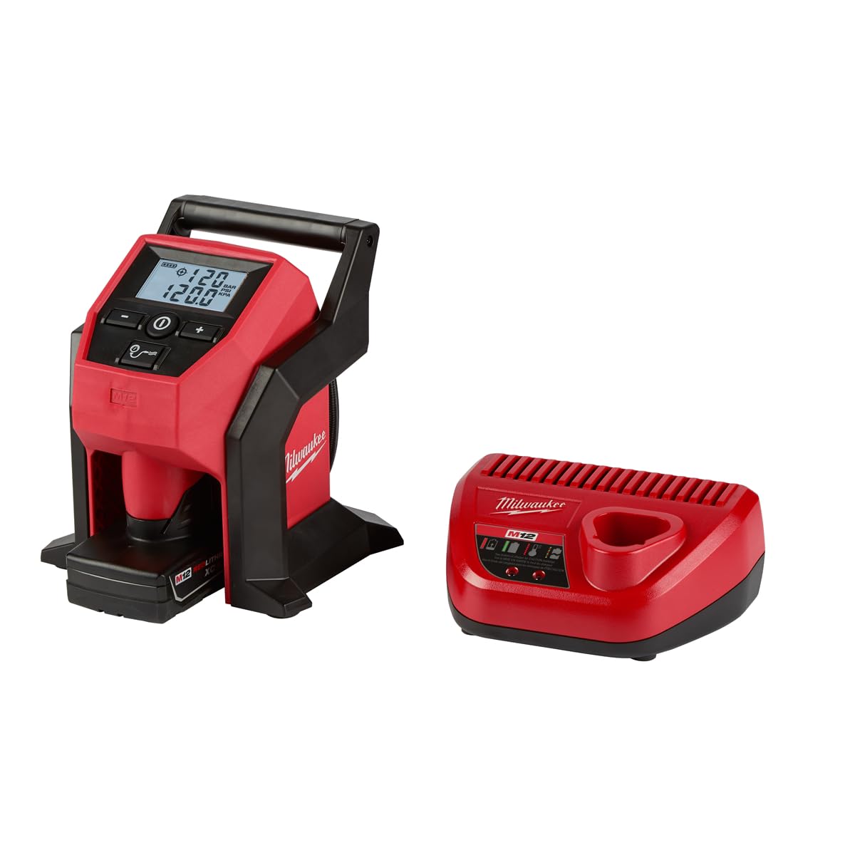 Milwaukee M12 compact inflator front view showing digital gauge and portability benefit
