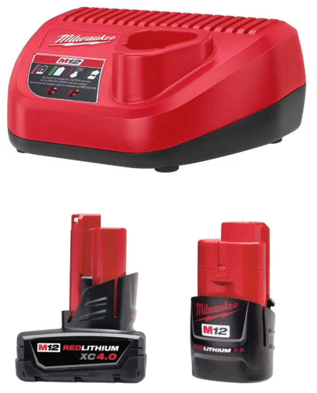 Milwaukee starter pack front view showing batteries and charger, reliable power on site