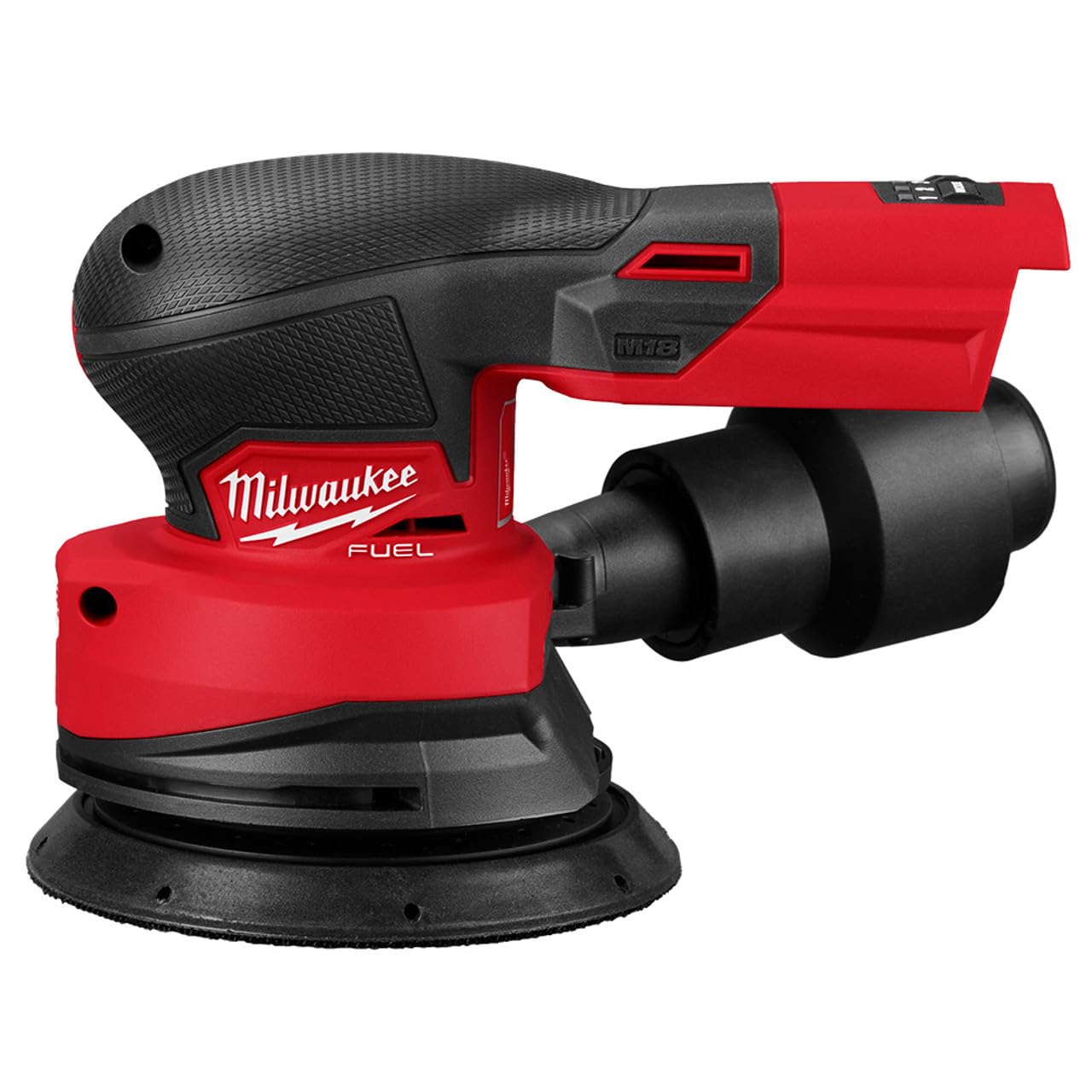 Milwaukee M18 FUEL sander front view showing compact design and tool balance