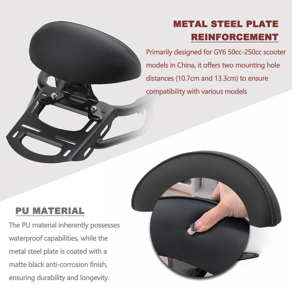 Minho backrest mounted on GY6 scooter illustrating fit for popular models
