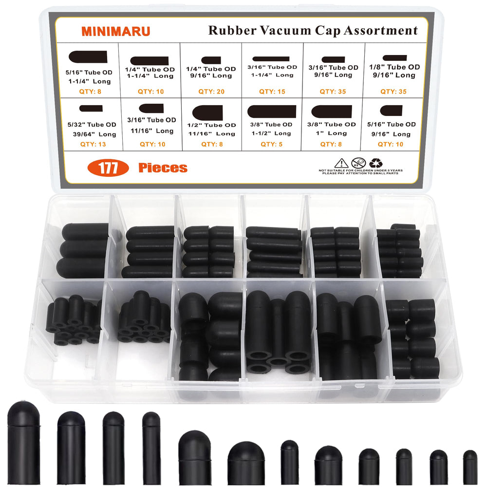 MINIMARU clear case open showing 177 rubber vacuum caps for fast selection