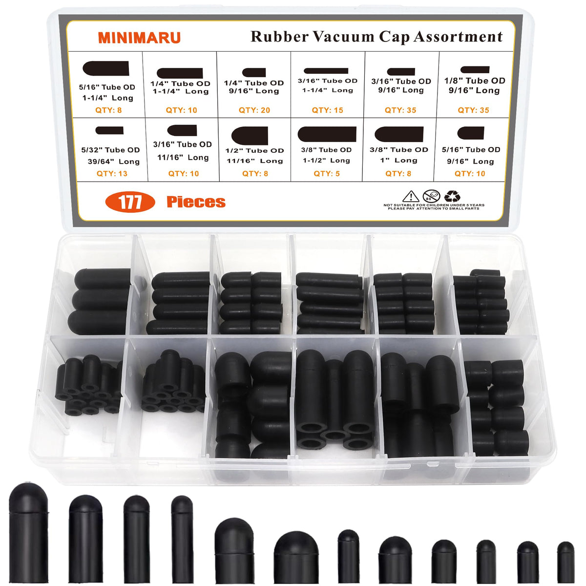 MINIMARU clear case open showing 177 rubber vacuum caps for fast selection