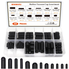 MINIMARU clear case open showing 177 rubber vacuum caps for fast selection