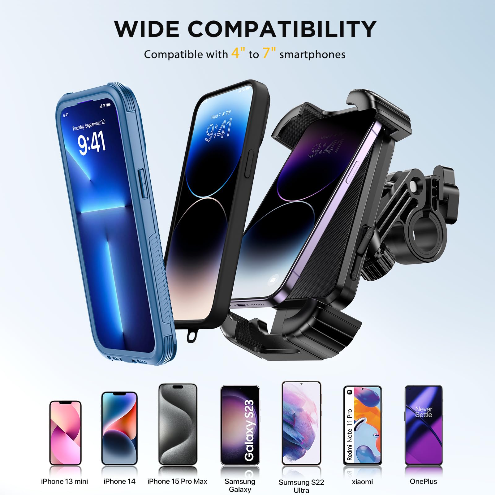 Miracase next to smartphone showing compatible size range and secure fit