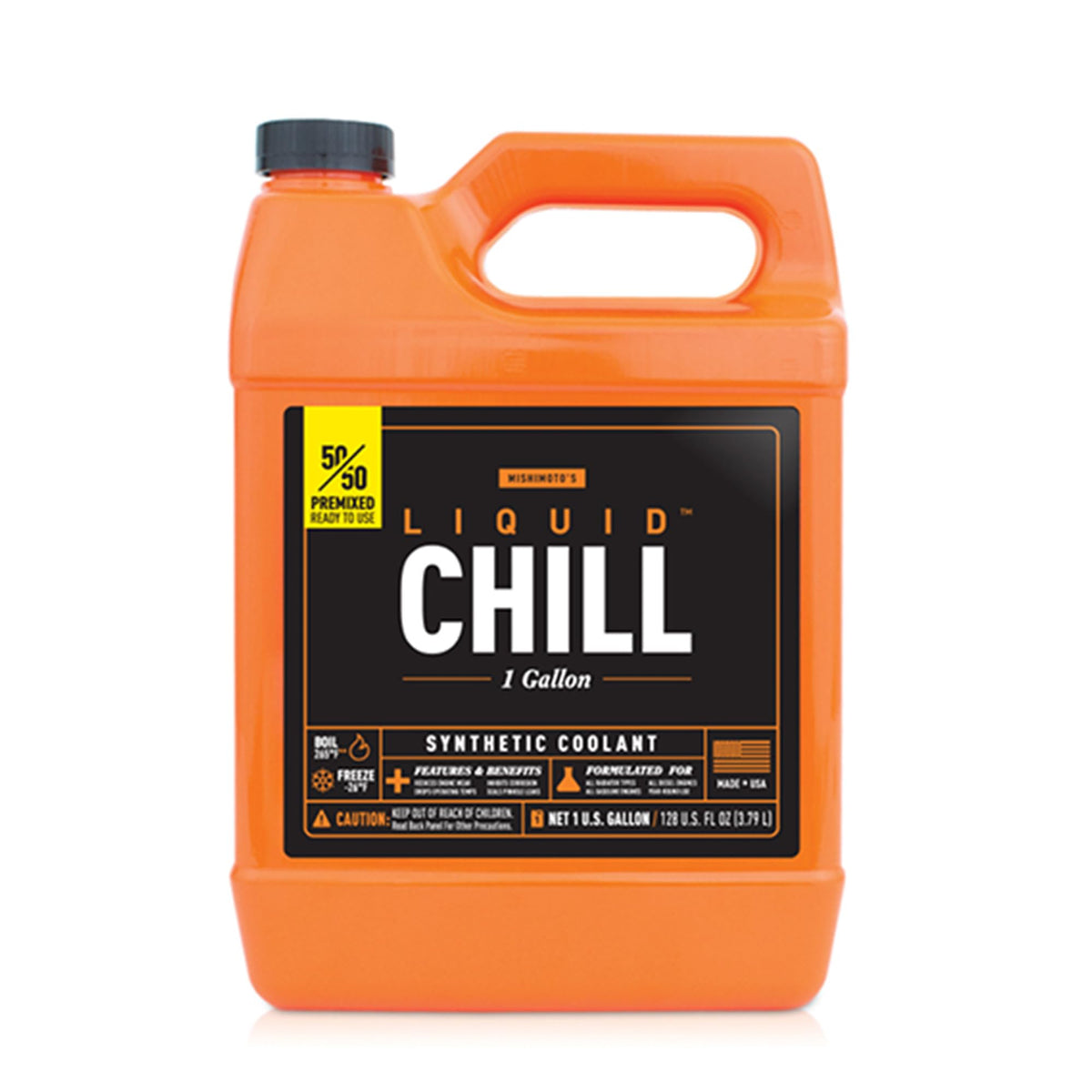 Mishimoto front label showing product name and orange coolant benefits