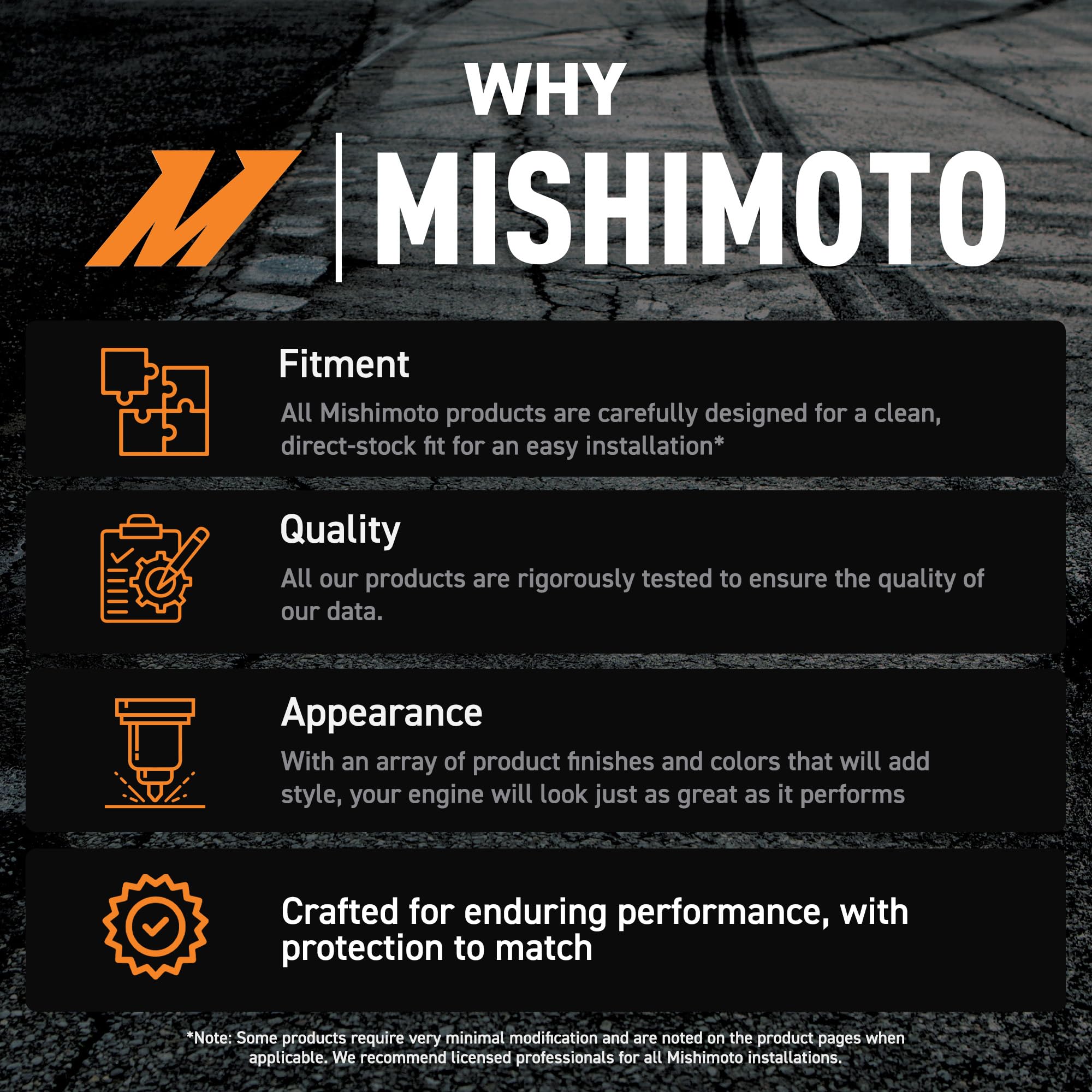 Mishimoto bottle on workbench in mechanic setting for professional trust