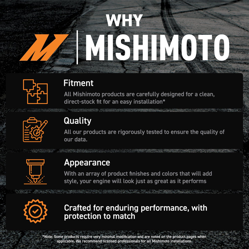 Mishimoto bottle on workbench in mechanic setting for professional trust