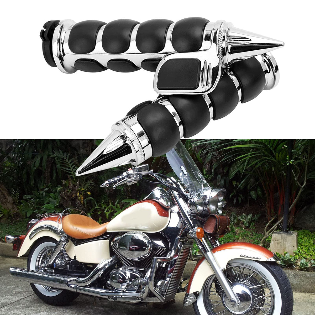 MISS MOLY front view of paired grips showing chrome finish and styling benefit
