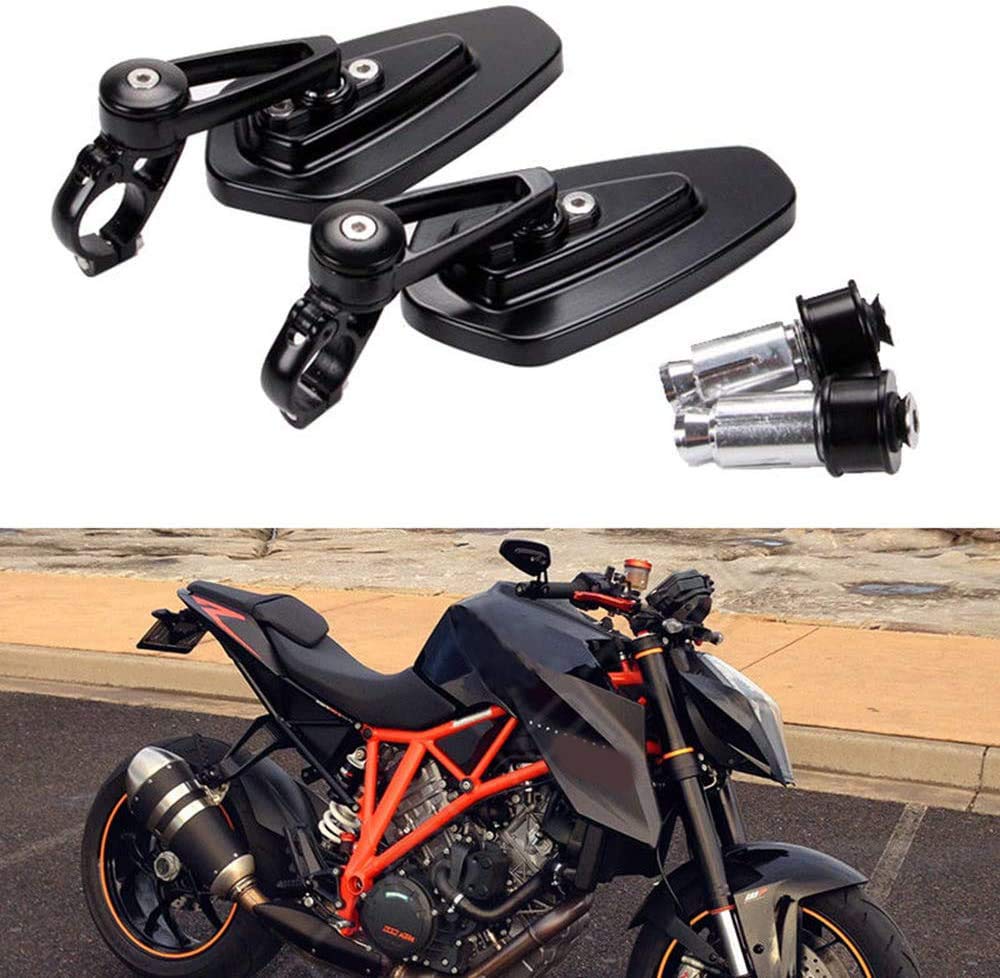MISS MOLY front view of assembled black bar end mirror showing compact profile and improved sightlines