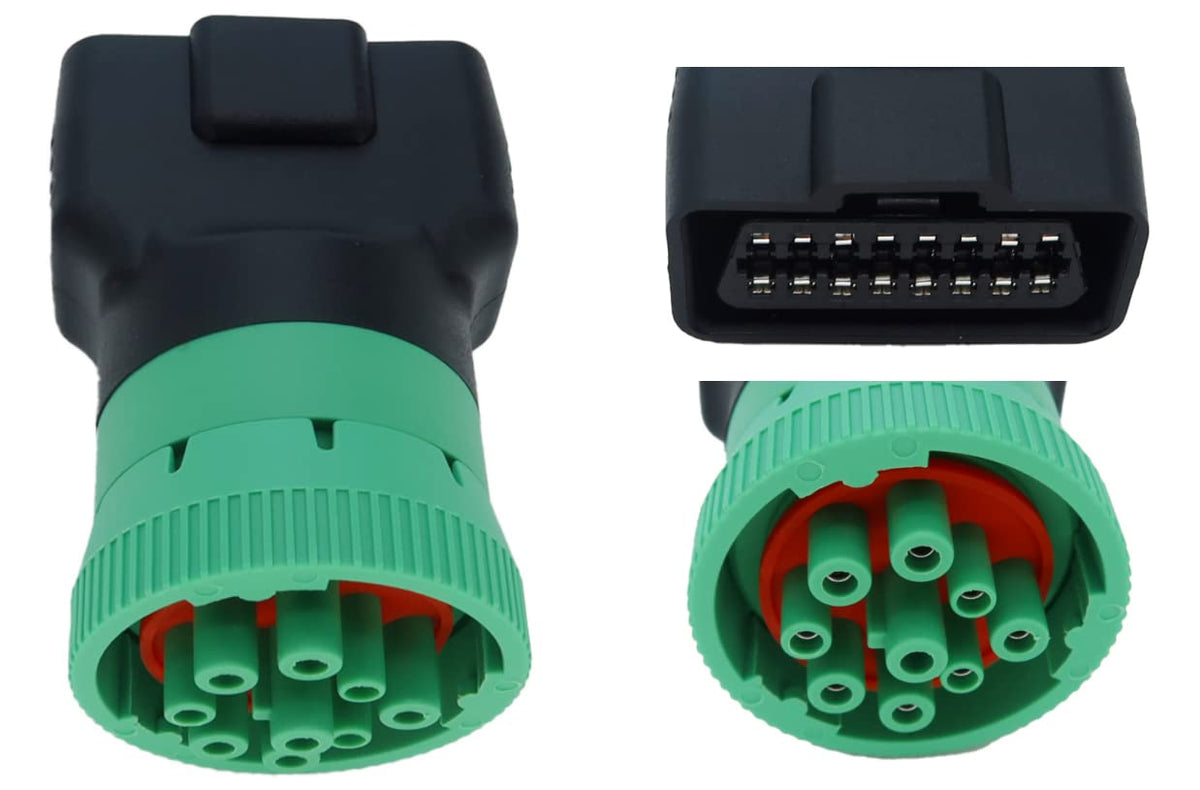MITOB adapter front view showing green J1939 to OBD2 connection for easy installs