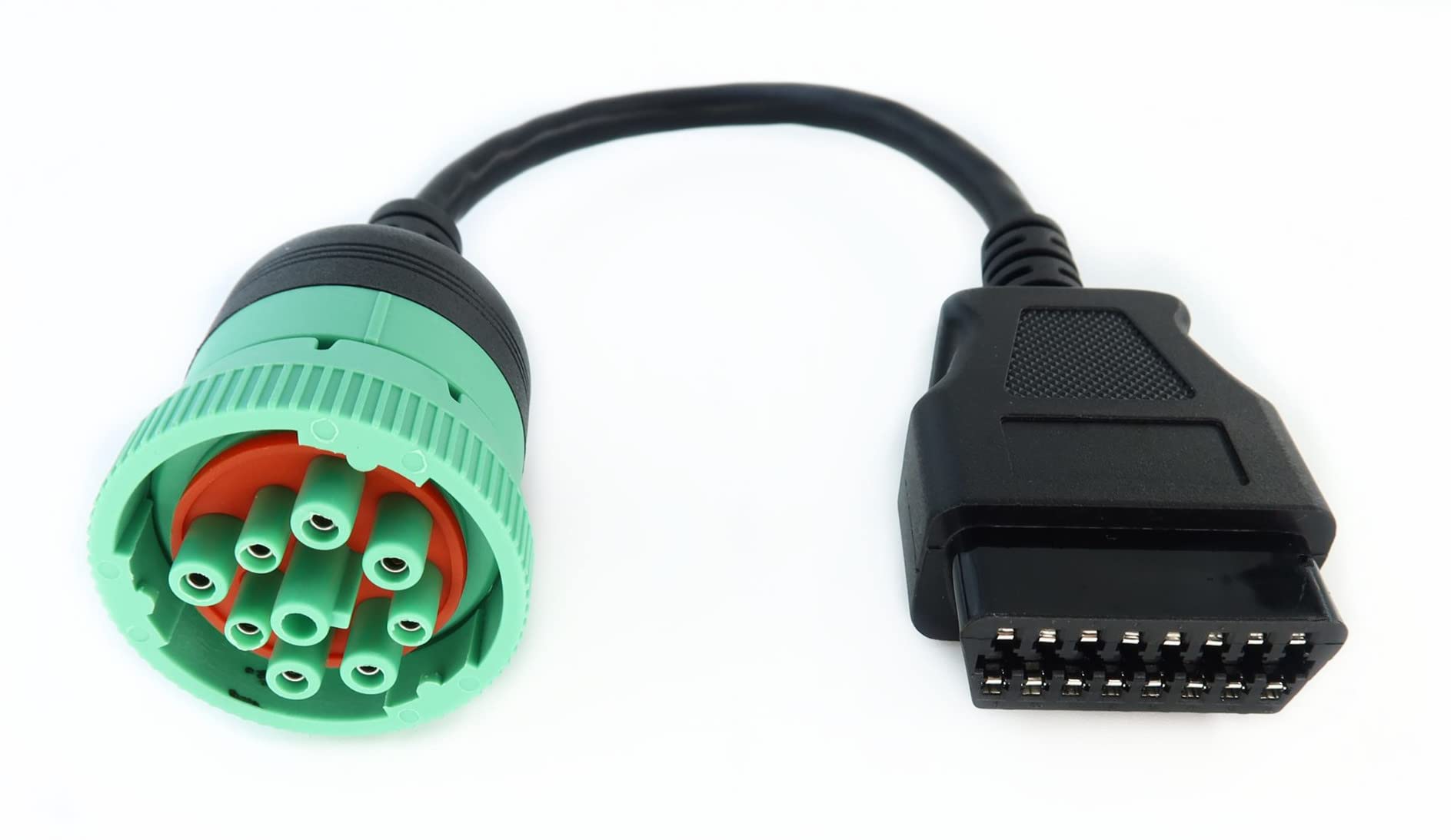 MITOB front view of green J1939 to OBD2 adapter showing secure fit and visibility