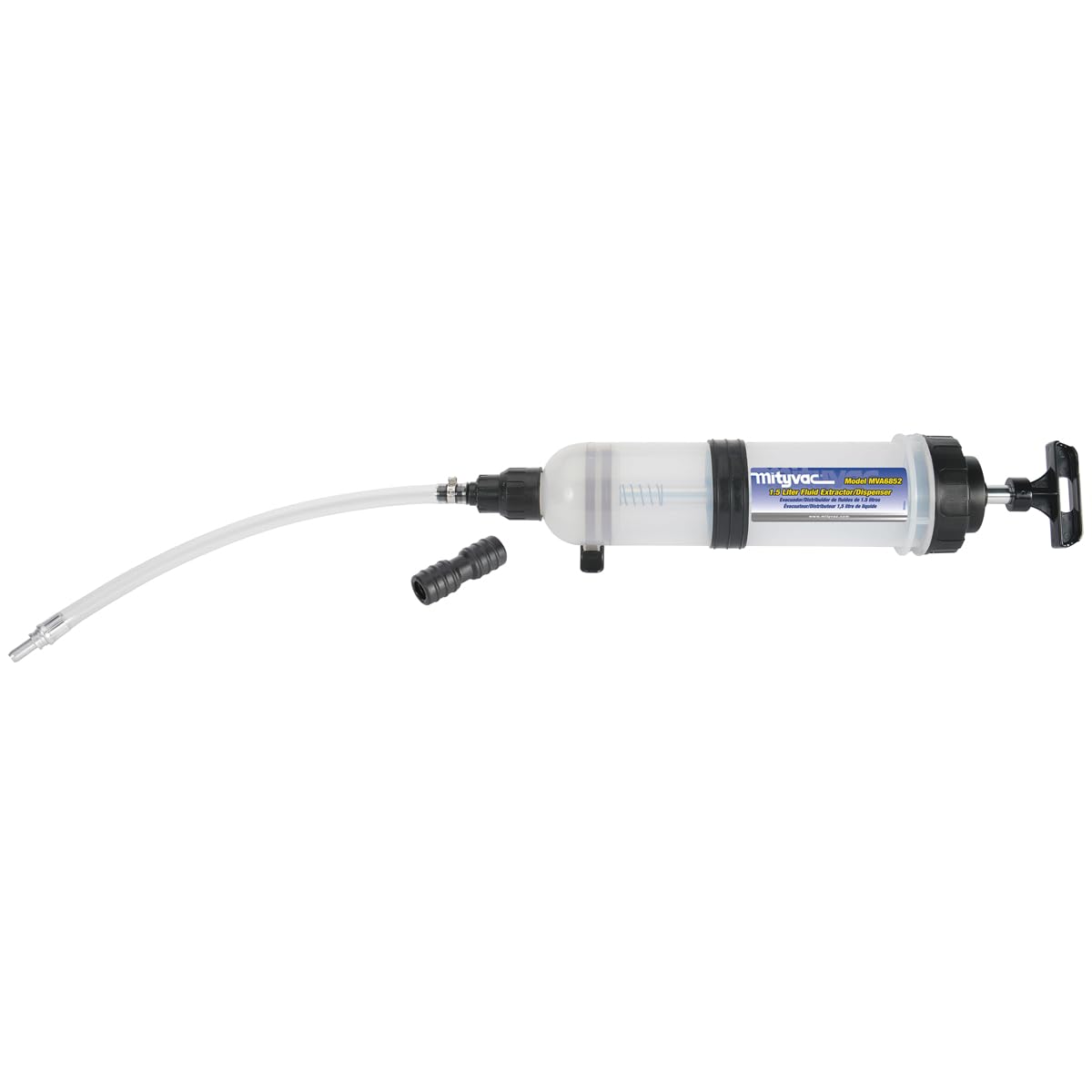 Mityvac front view of 1.5L evacuator showing overall design and benefit of capacity