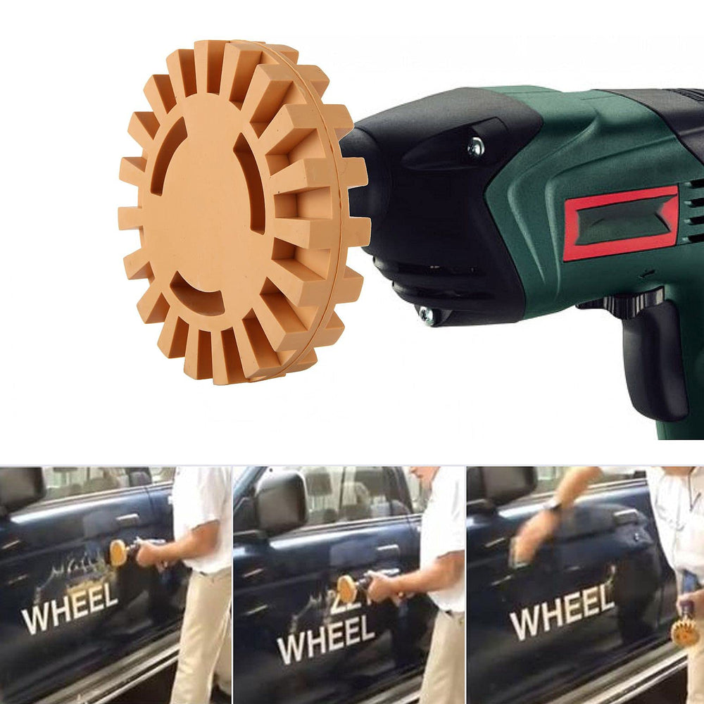 MIVIDE wheel attached to drill removing sticker, shows fast decal removal benefit