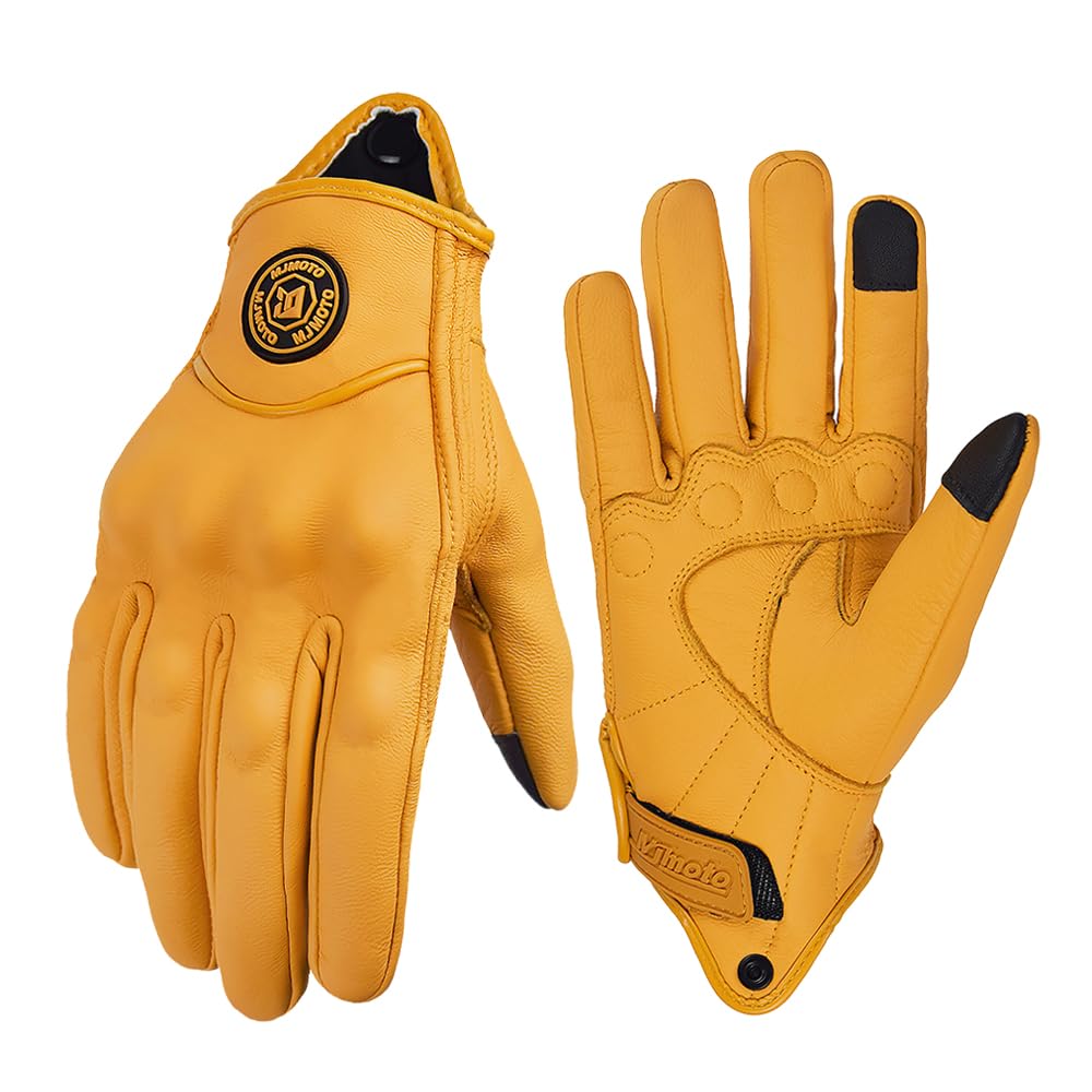 mjmoto front view of yellow gloves showing retro style and visible fit benefits