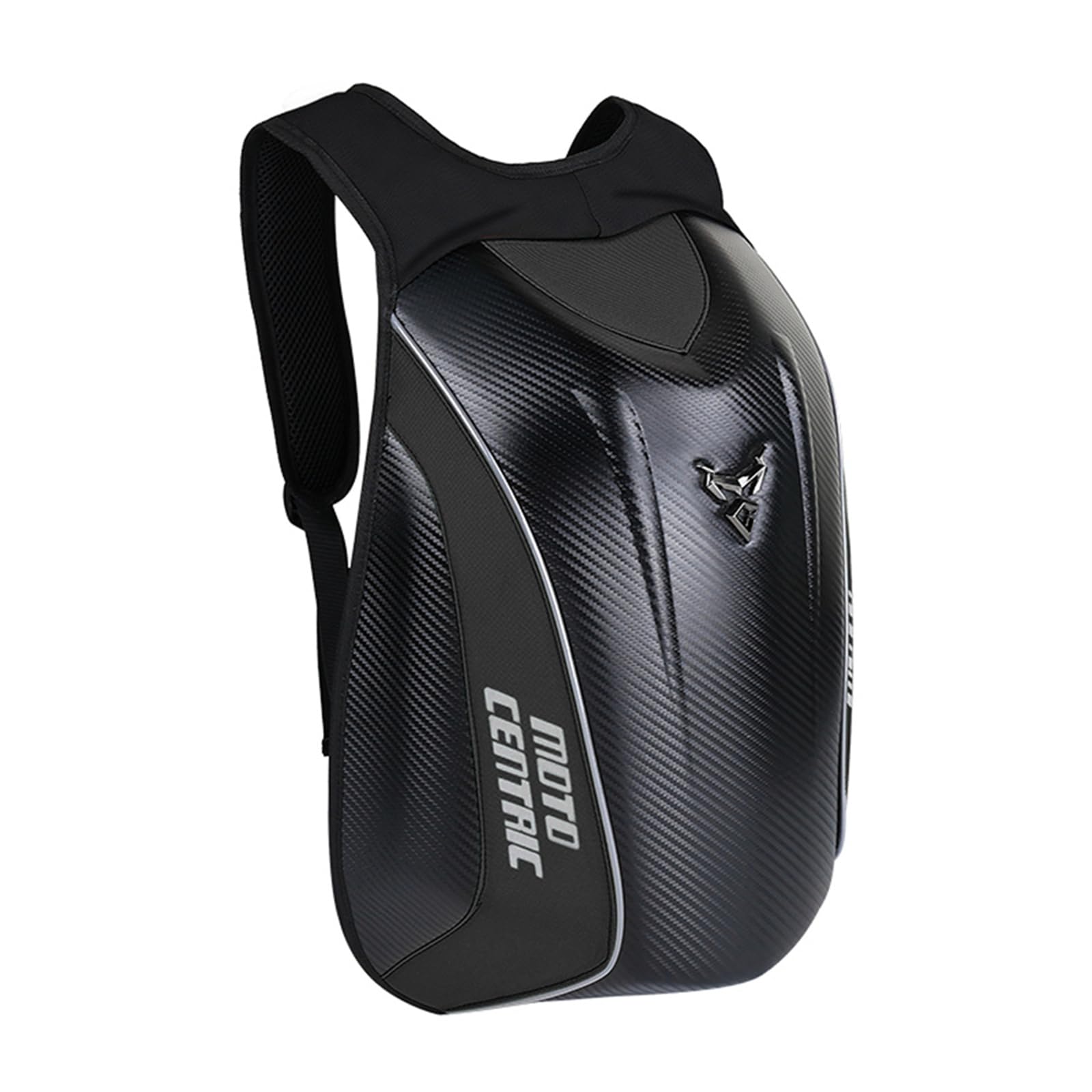 mjmoto front view hard-shell backpack shows protective shape and storage benefit