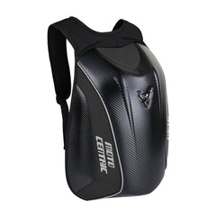 mjmoto front view hard-shell backpack shows protective shape and storage benefit