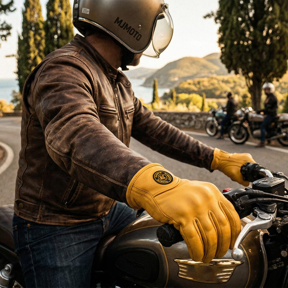 mjmoto gloves worn by rider on bike demonstrating real-world use benefit