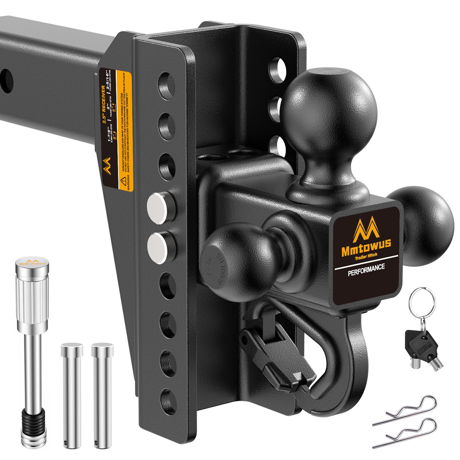 Mmtowus front view showing tri-ball mount and receiver fit for versatile towing