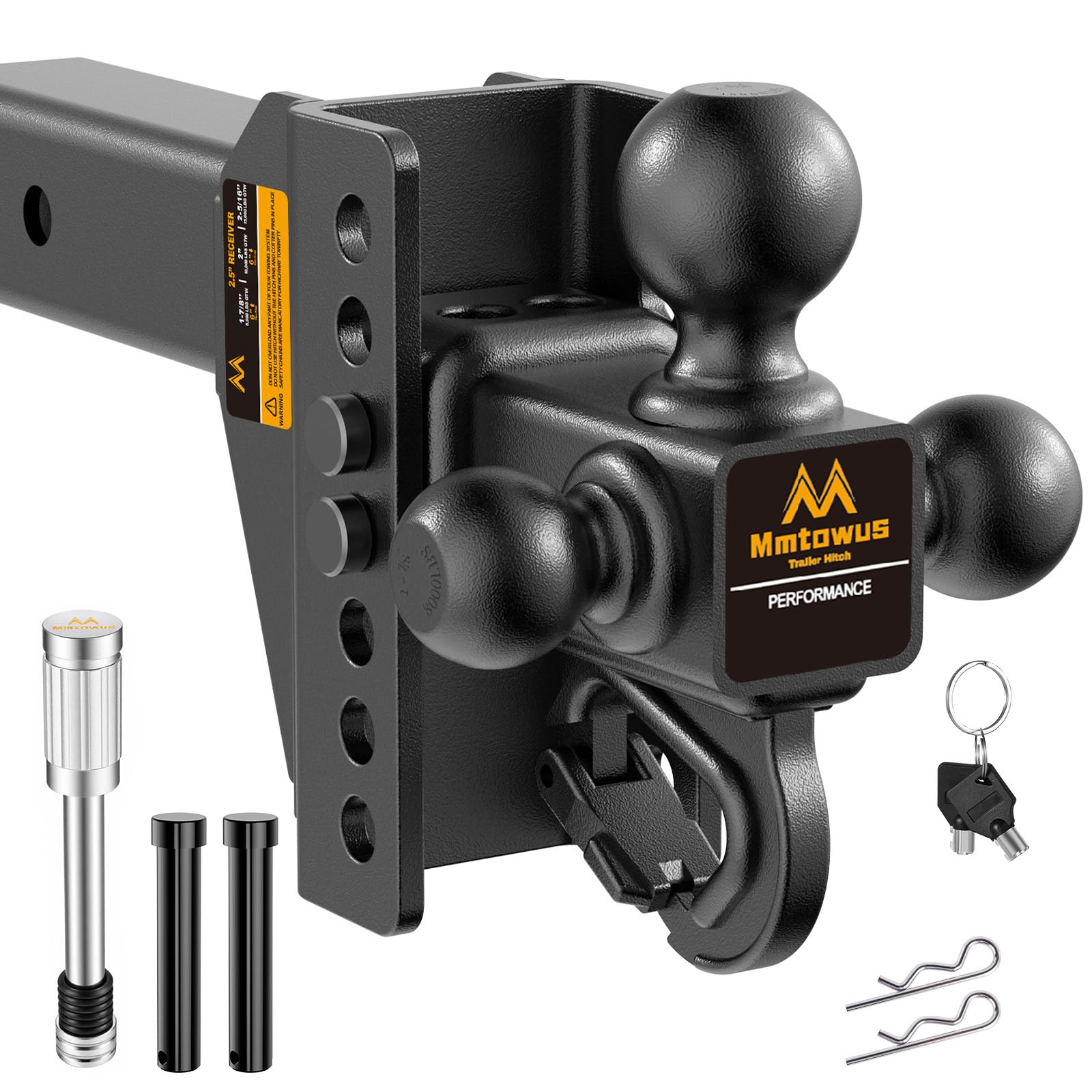Mmtowus front view of tri-ball hitch showing three balls and receiver fit benefit versatility