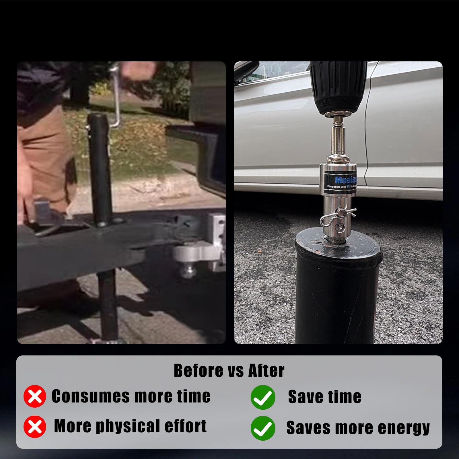 Moalaok mounted on a Top Wind trailer jack demonstrating wobble-free fit