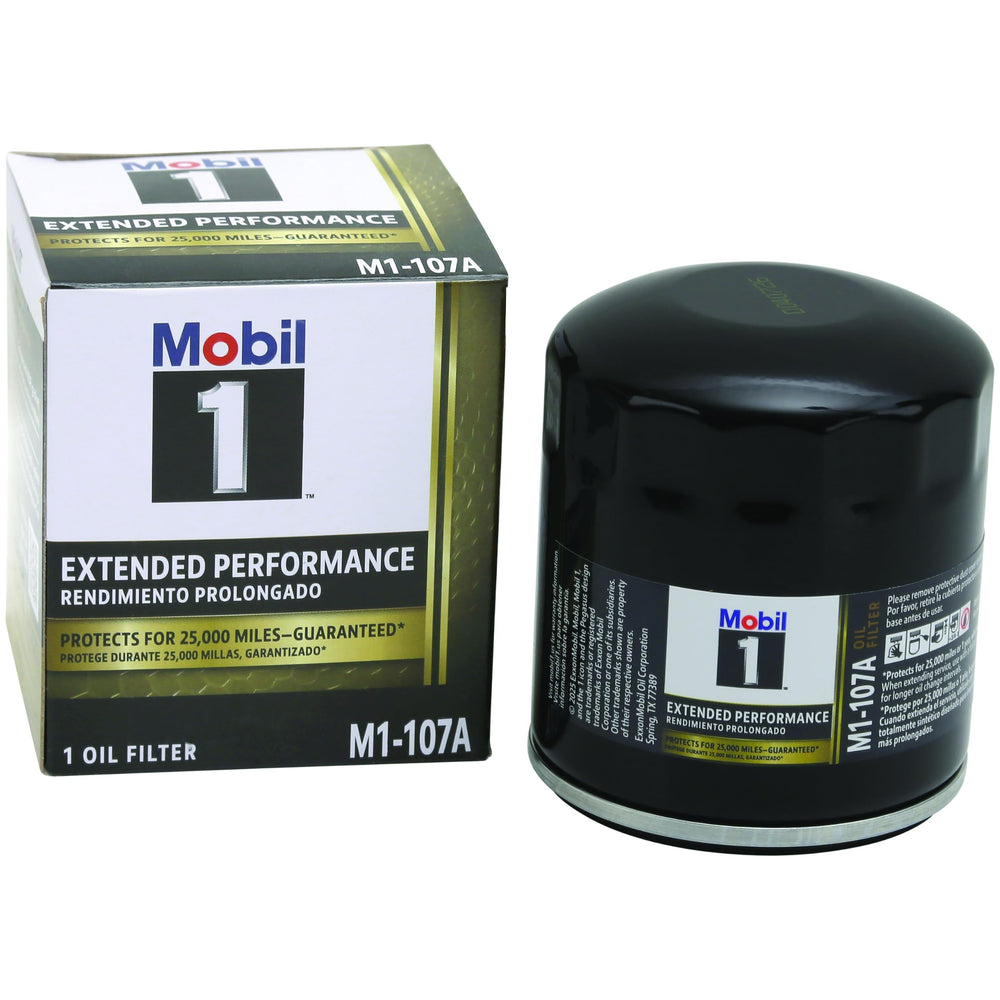 Mobil 1 M1-107A side label displaying specifications and fitment