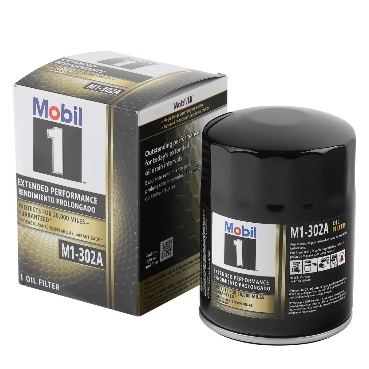 Mobil canister front view showing black steel body and branding, ensures proper fit