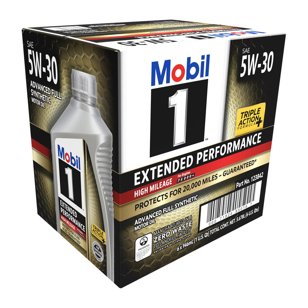 Mobil 1 close-up label 5W-30 showing GF-7 spec and clean-protection benefits