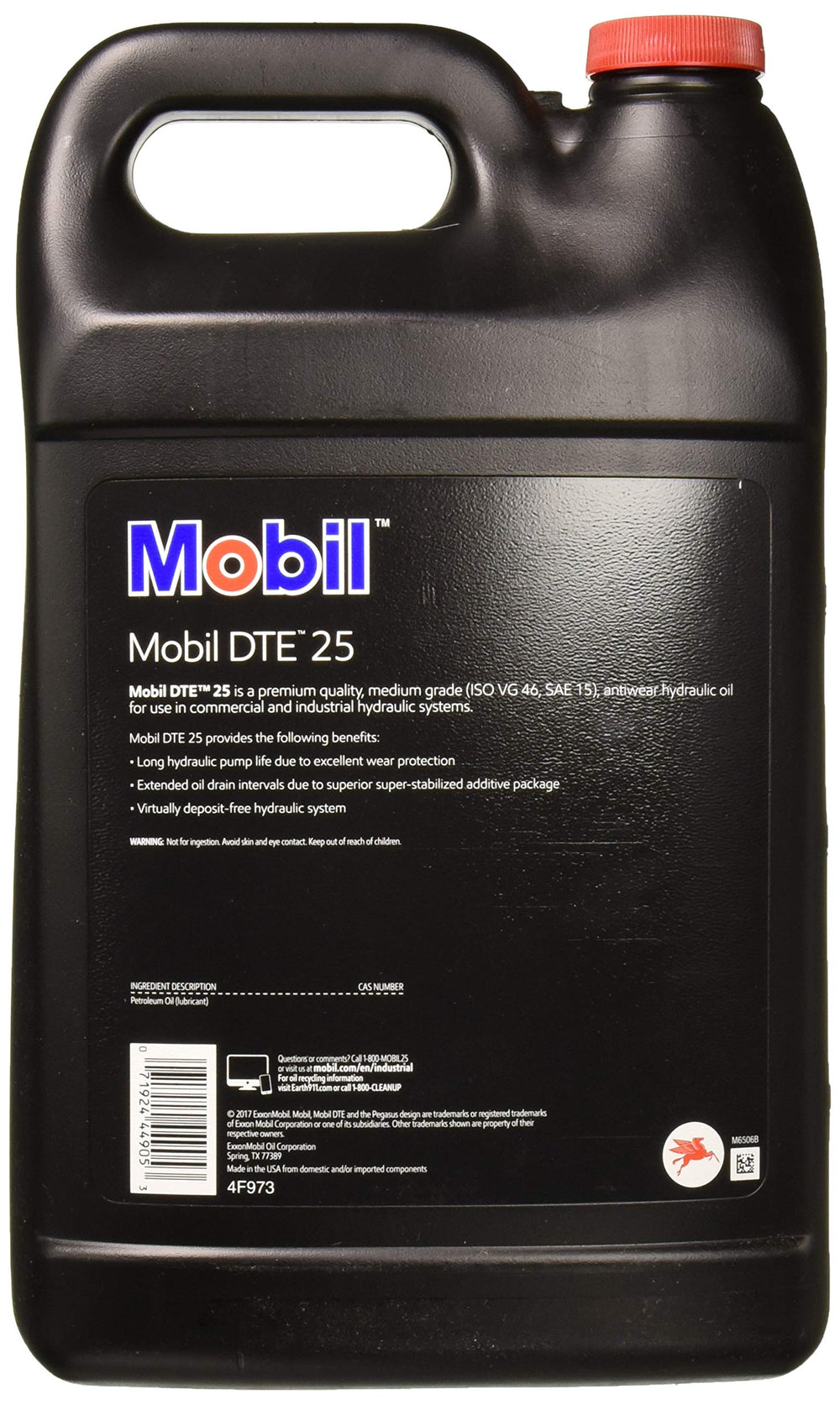 Mobil DTE 25 close-up of pour spout and label for easy identification and safe handling