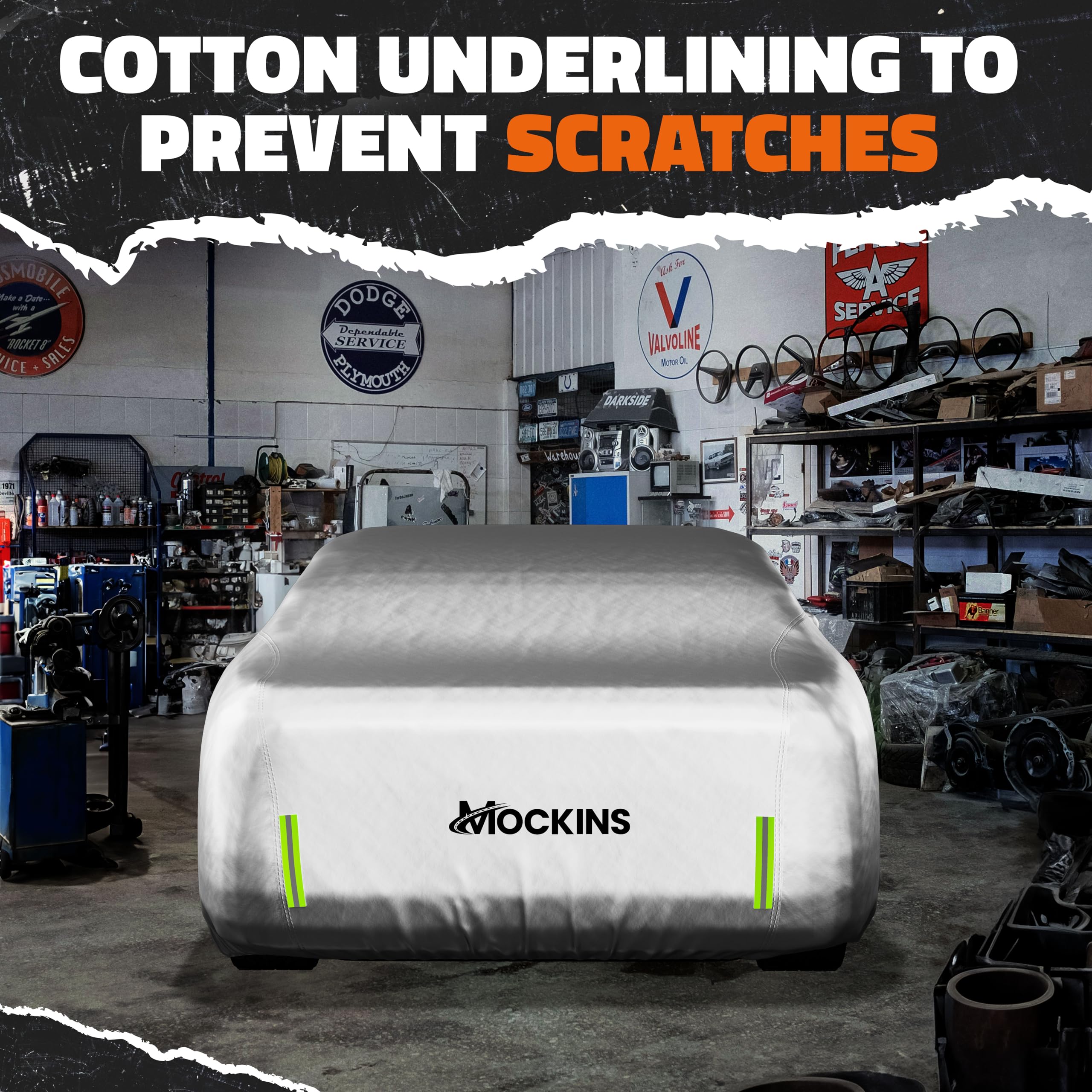 Mockins sedan covered in driveway snow showing weather defense and convenience benefit