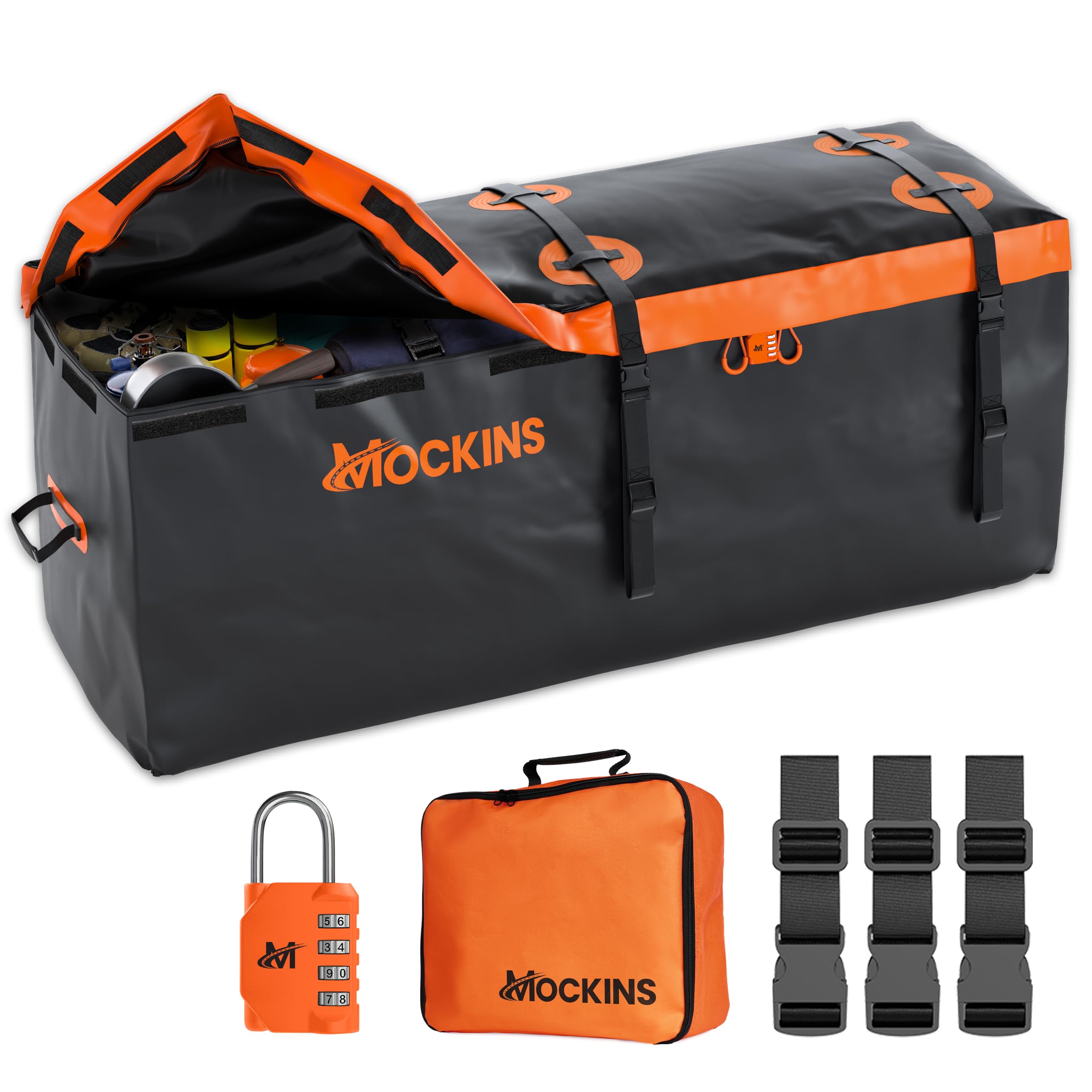 Mockins front view of hitch cargo bag showing full capacity and weatherproof shell