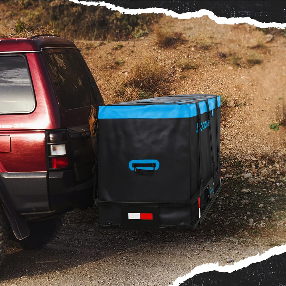 Mockins mounted on hitch carrier demonstrating stable transport and space-saving benefit