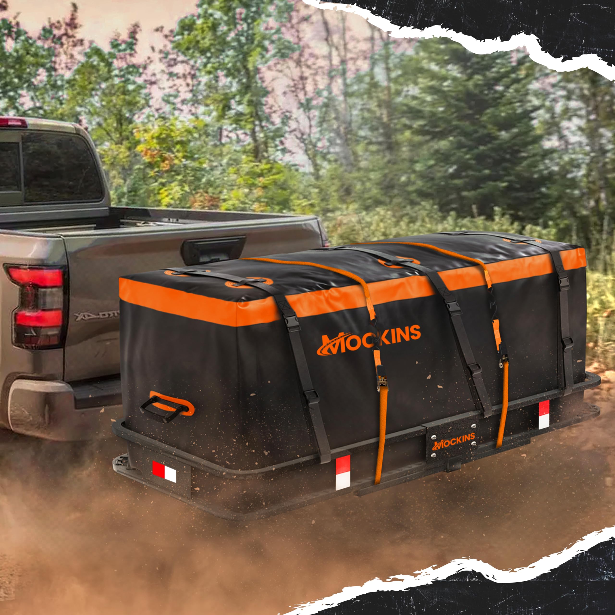 Mockins hitch-mounted bag installed on receiver keeping gear secure while traveling