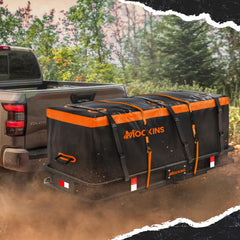 Mockins hitch-mounted bag installed on receiver keeping gear secure while traveling