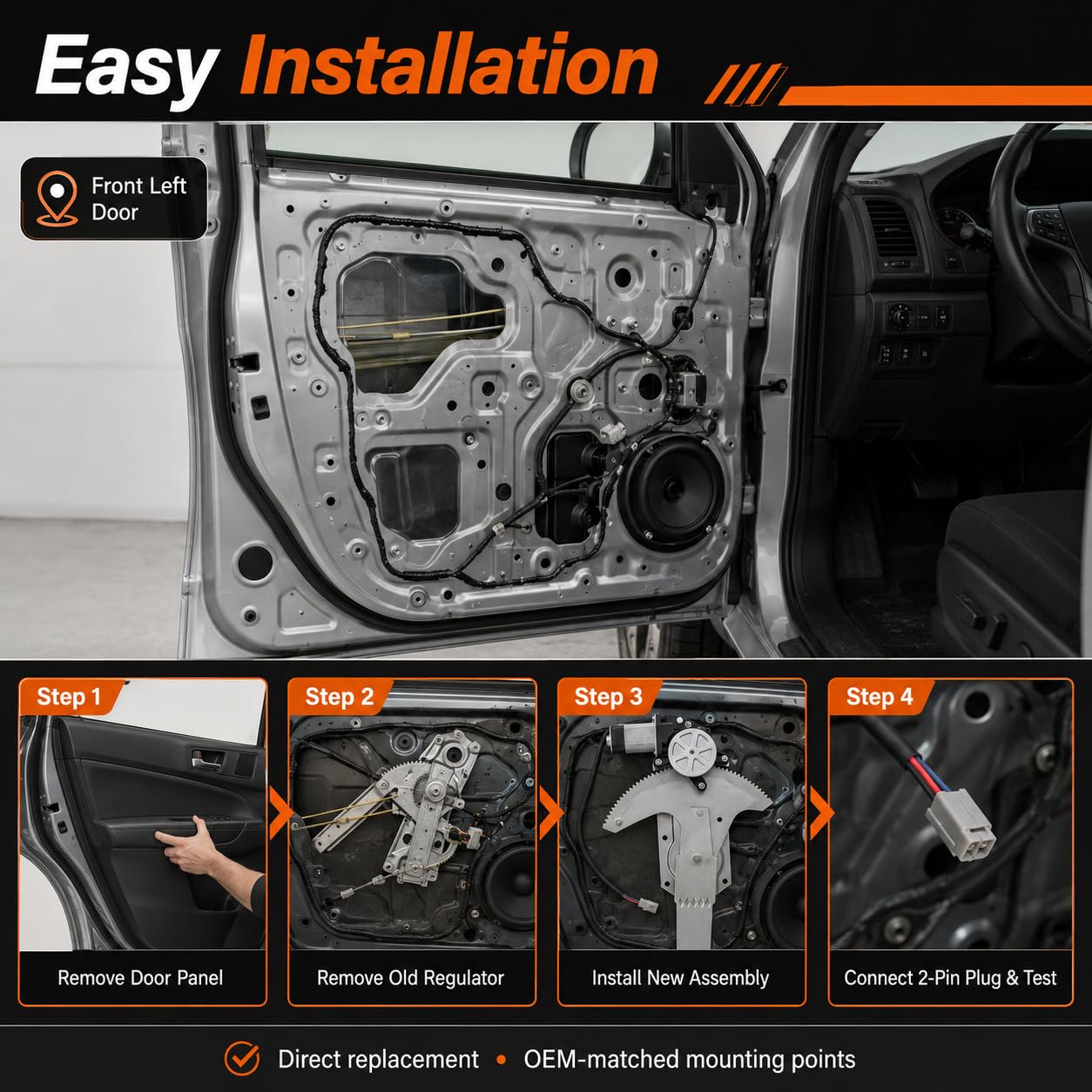 MOJTBE installed in vehicle door demonstrating restored window movement