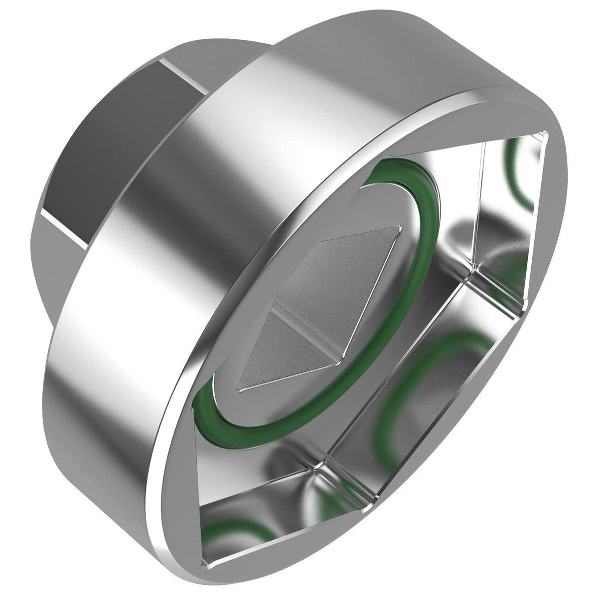 Moker front view of fork cap socket shows precise hex fit and clean finish for accurate removal