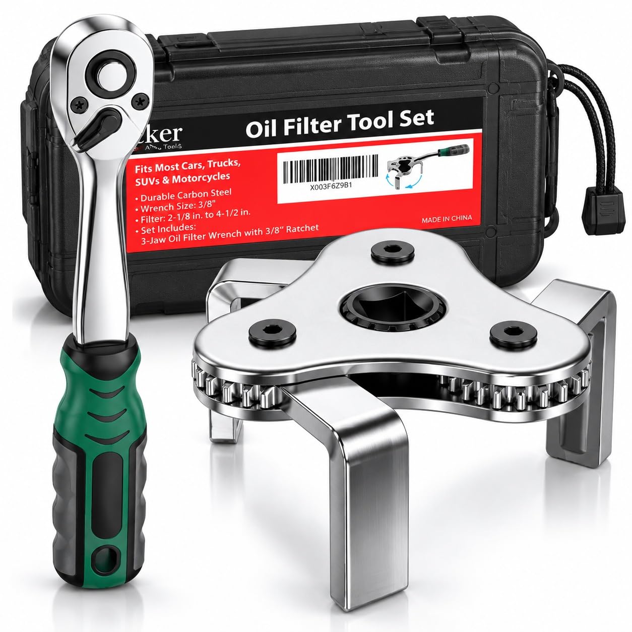 Moker front packaging showing wrench kit and benefits for easy storage