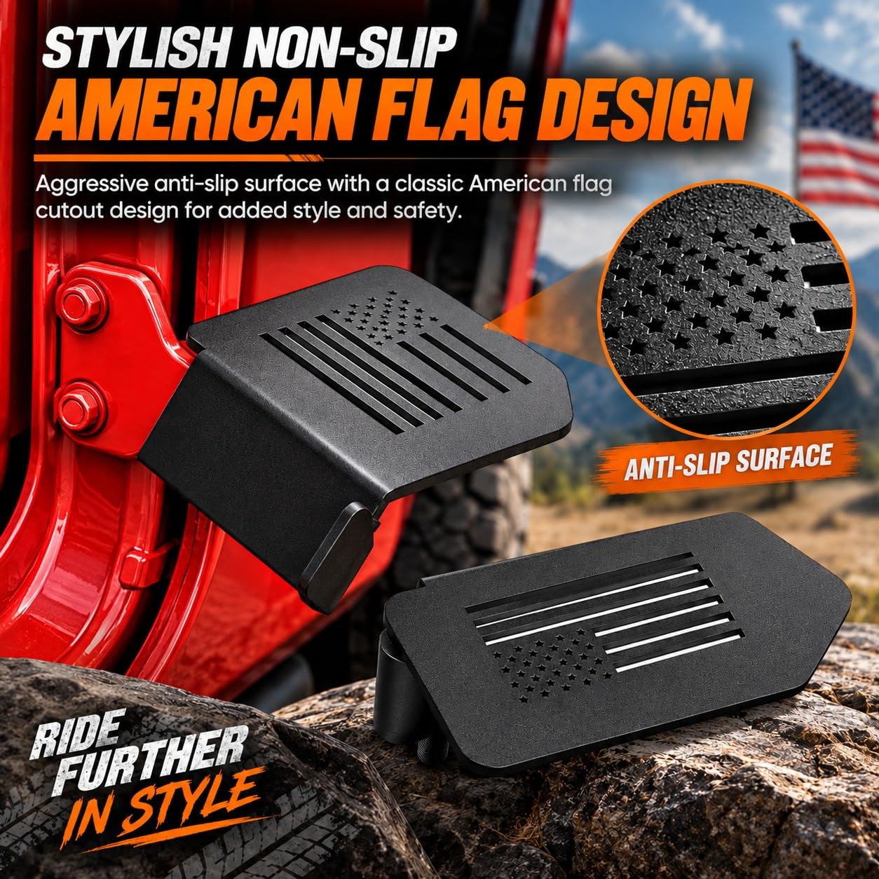Moker foot peg installed on Jeep hinge, illustrating easy bolt-on convenience
