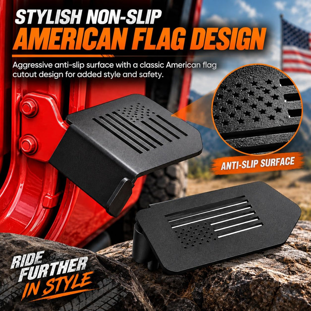 Moker foot peg installed on Jeep hinge, illustrating easy bolt-on convenience