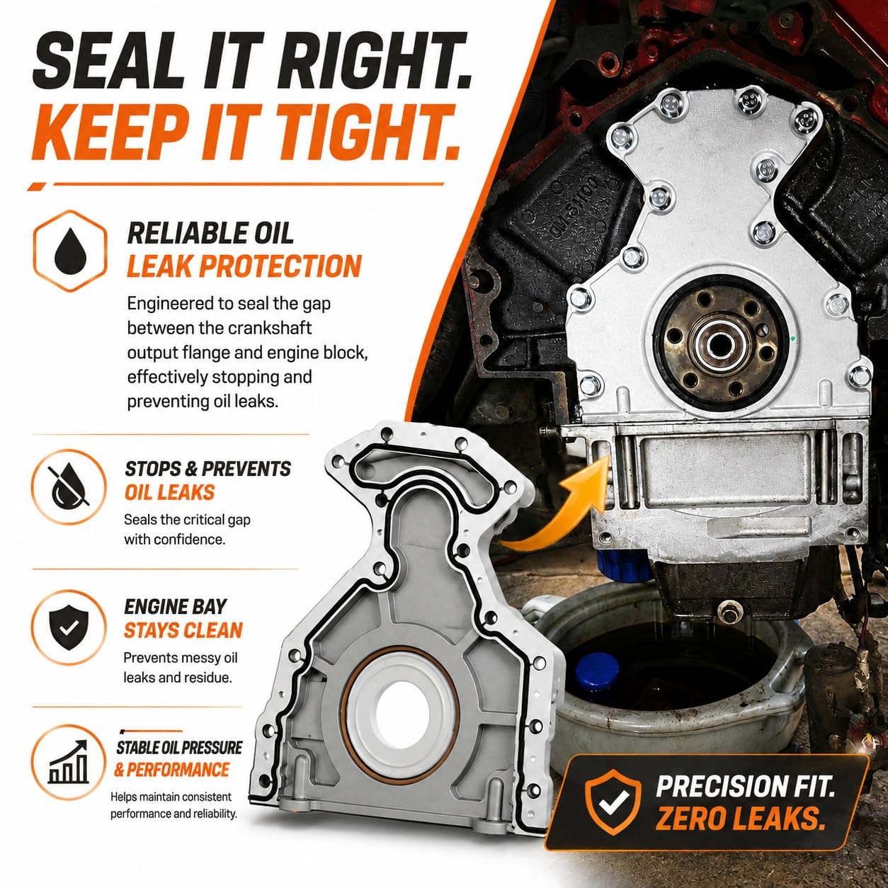 Moker installed on LS engine demonstrating leak-free rear crankshaft area benefit