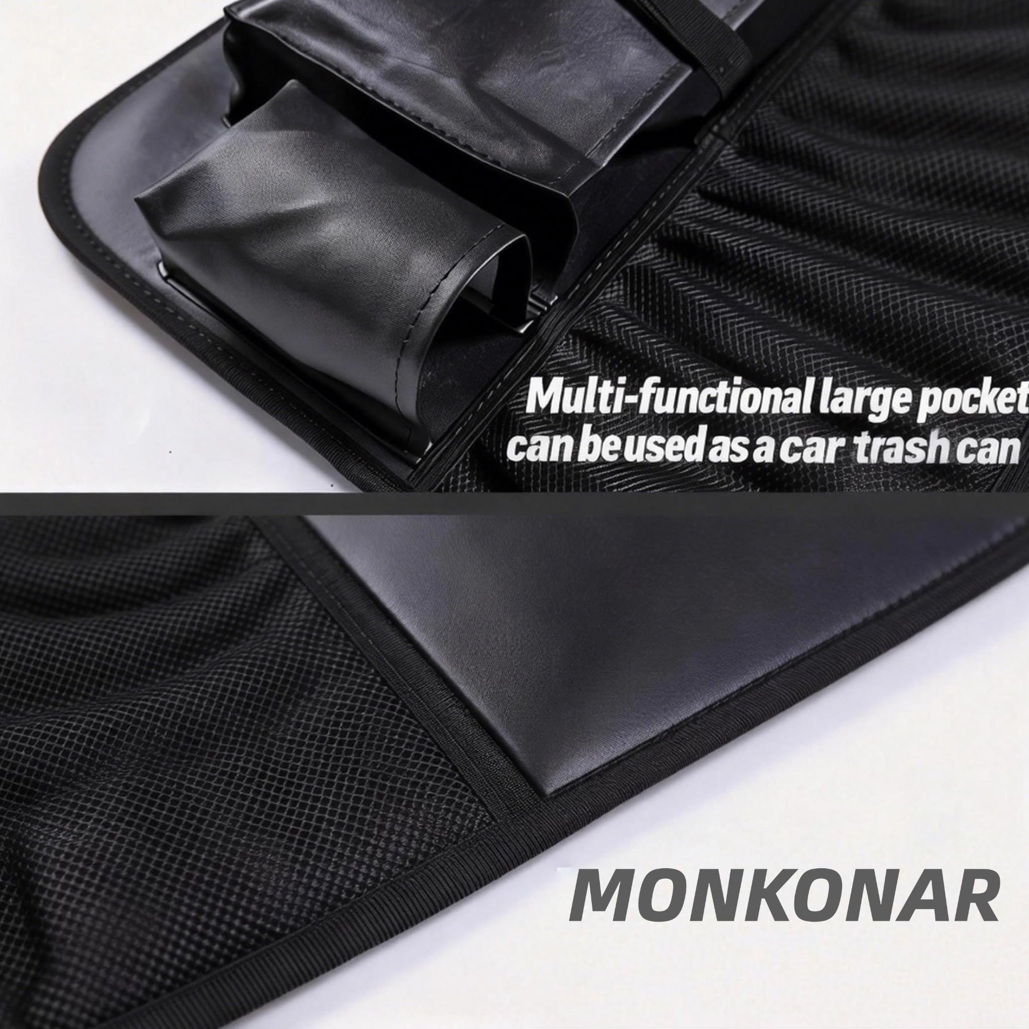 MONKONAR close-up of nine pockets organizing bottles, phones and chargers for easy access