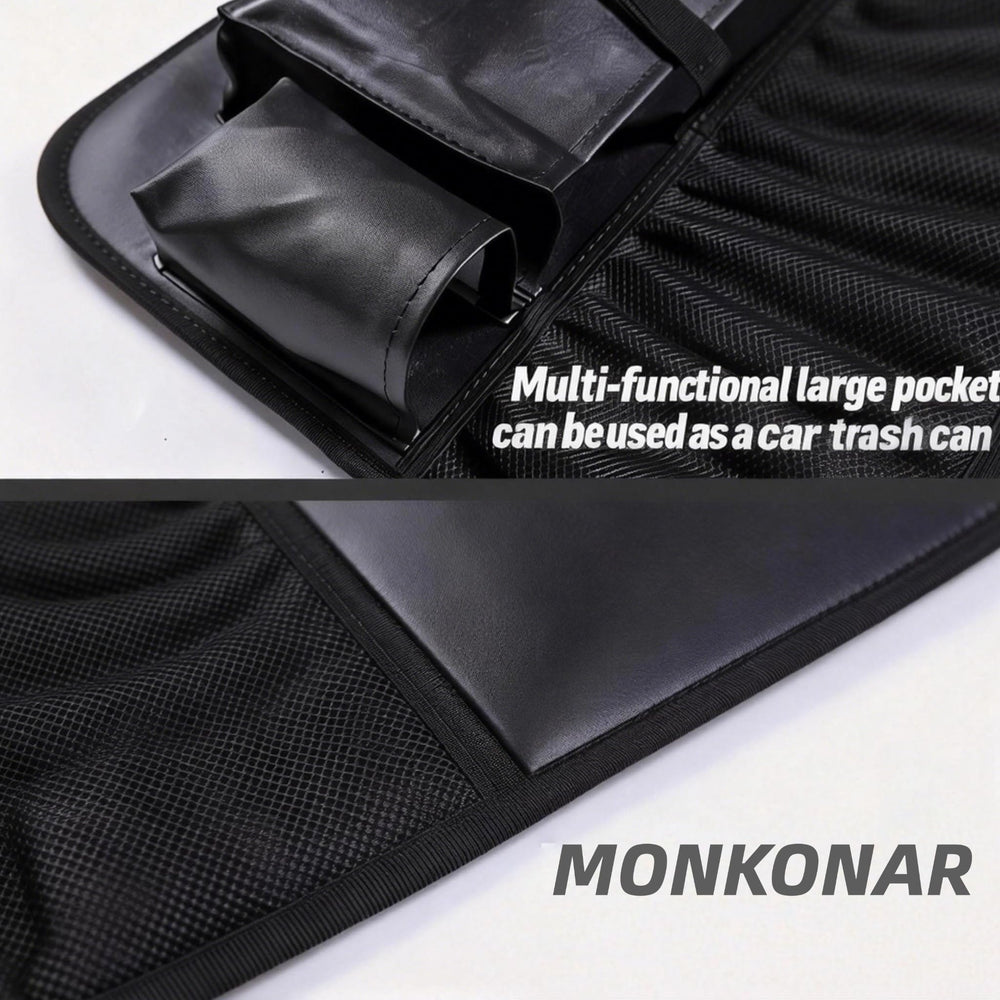 MONKONAR close-up of nine pockets organizing bottles, phones and chargers for easy access