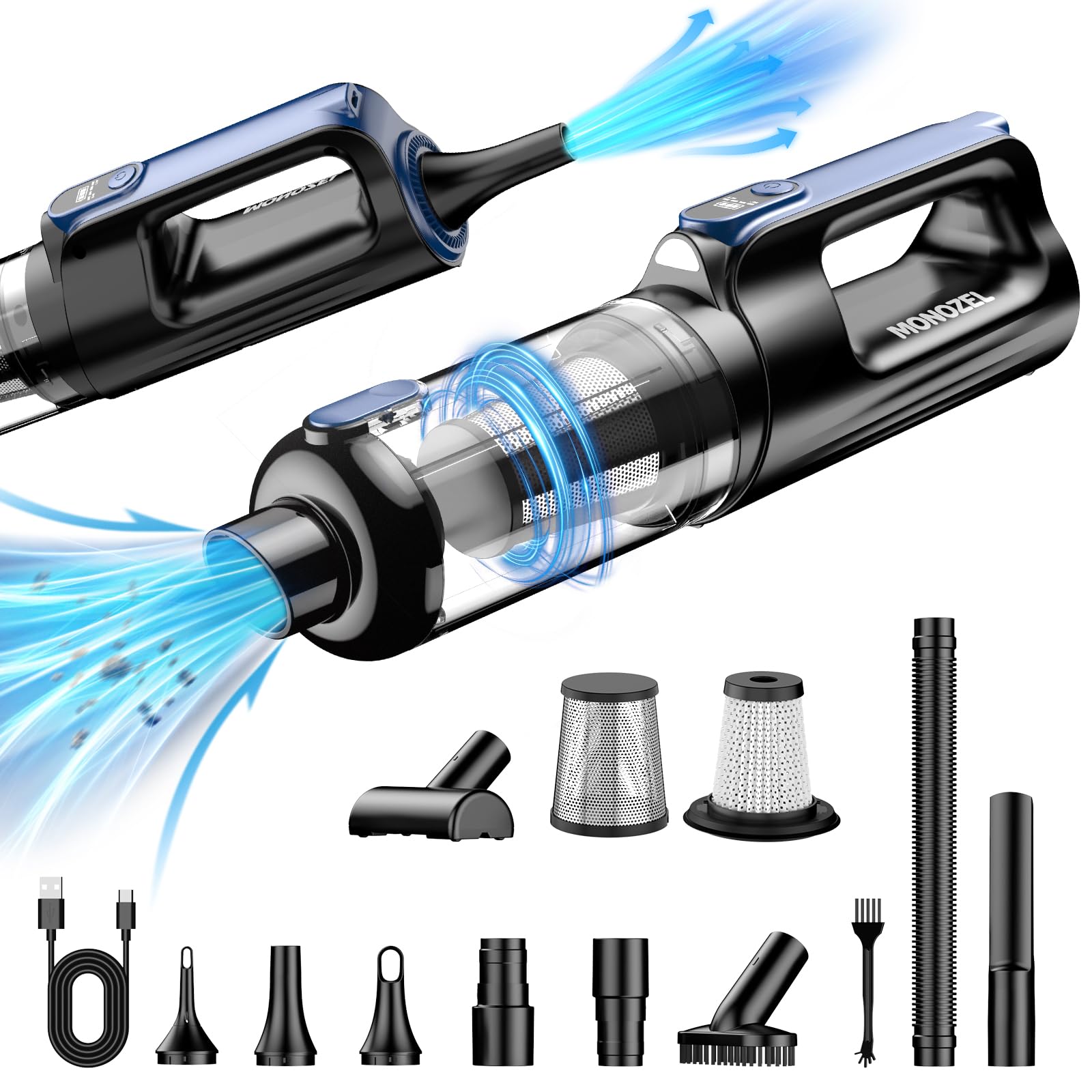 MONOZEL handheld vacuum front view showing ergonomic grip and compact body for portability