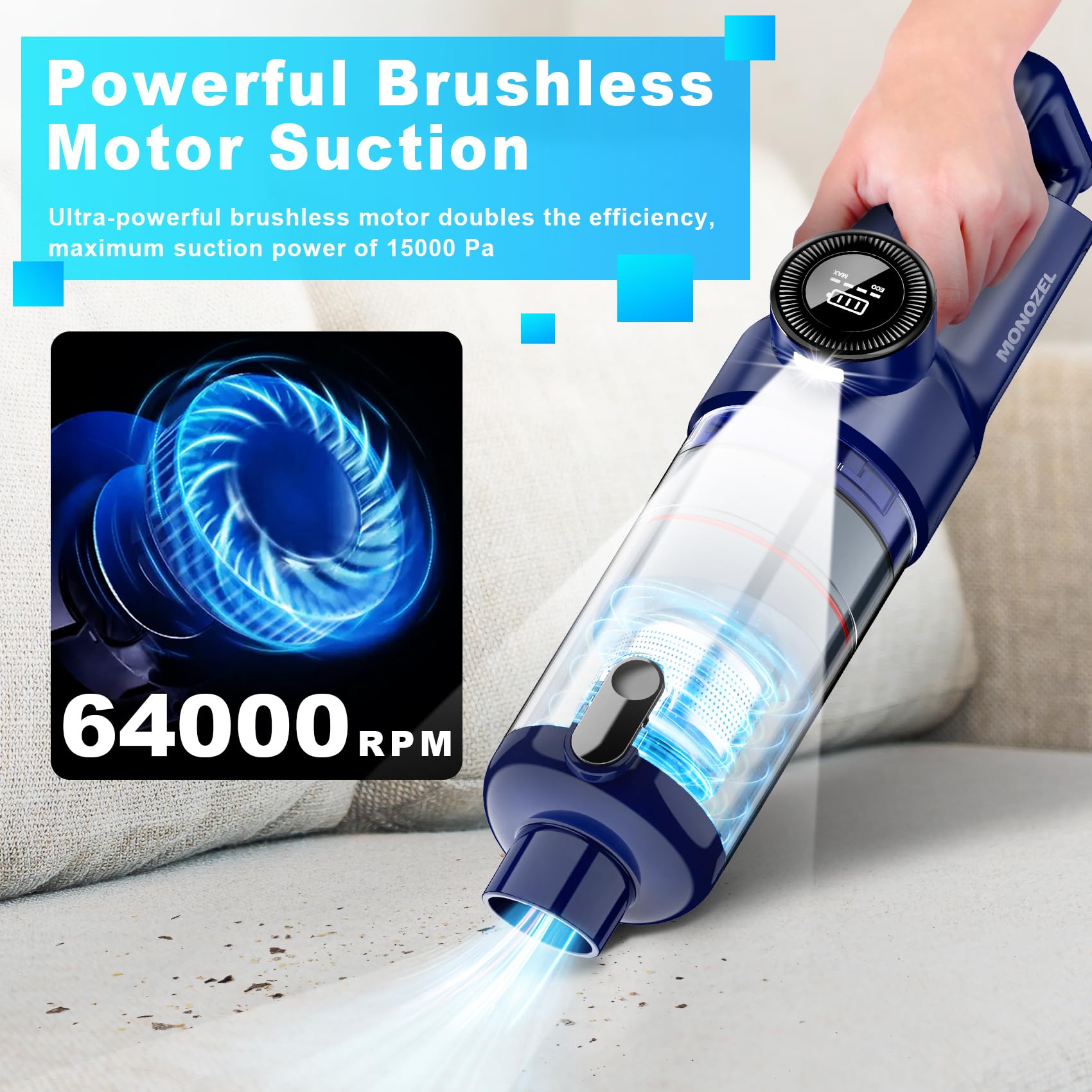 MONOZEL LED light illuminating a dark crevice to reveal hidden debris for precise cleaning