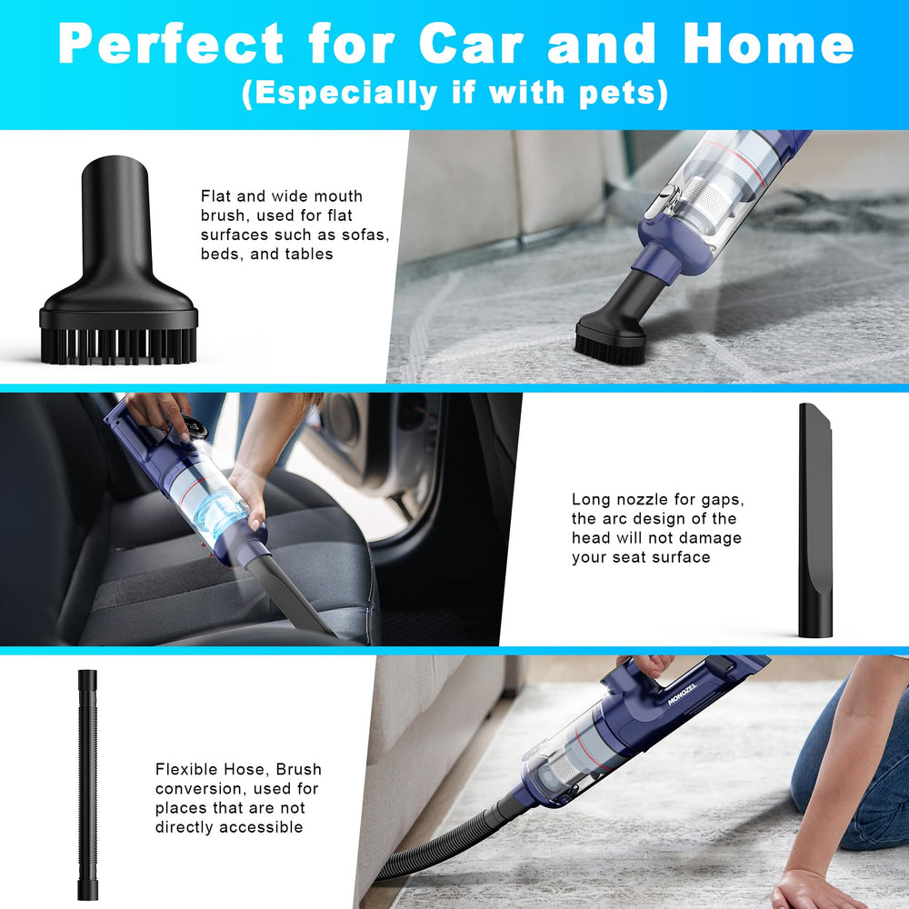 MONOZEL used with crevice nozzle on car seat to remove crumbs and pet hair effectively
