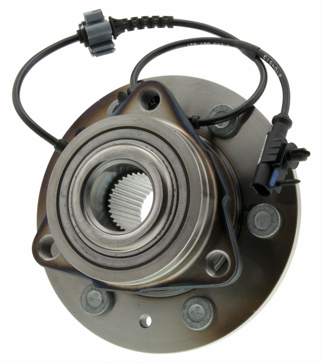 MOOG hub close-up of quad lip seal and coated studs reducing corrosion and easing installation