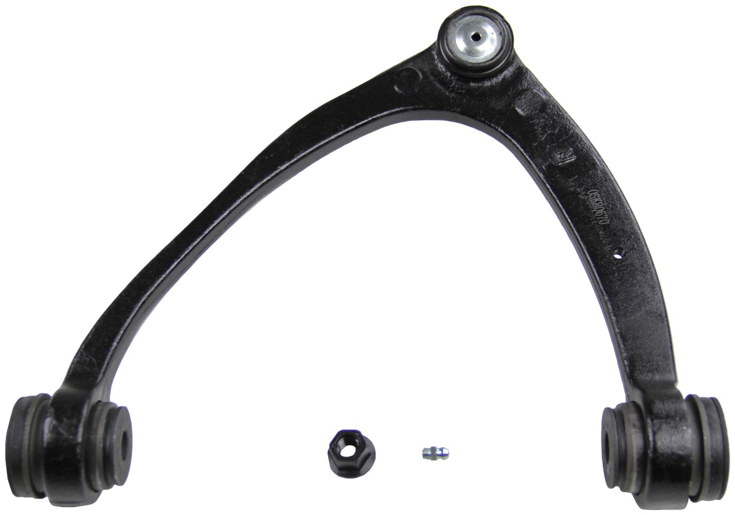 MOOG RK80670 front right upper control arm showing overall shape and mounts for improved handling