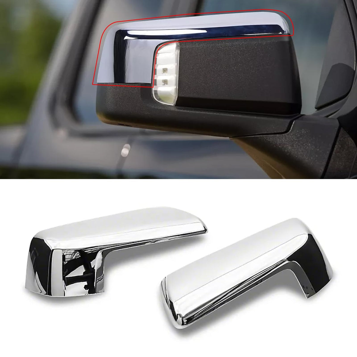 Moonlinks front view mirror covers showing chrome finish and instant styling benefit